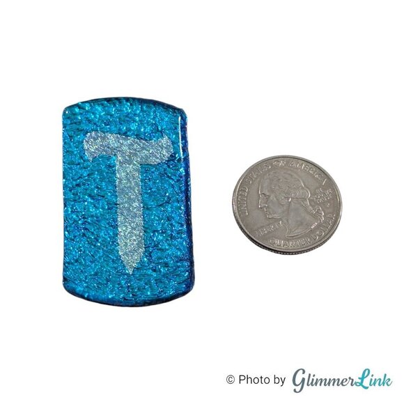 Metallic Blue Dichroic Glass Letter T Art Glass Rectangular Brooch - Picture 4 of 8